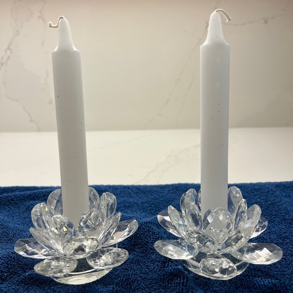 Pair: Crystal Lotus Flower Candlestick Holders - Picture 1 of 7